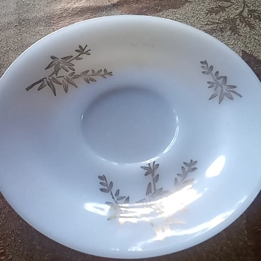 Elegant Federal glass golden glory milk glass cups & saucers, sugar bowl & plate